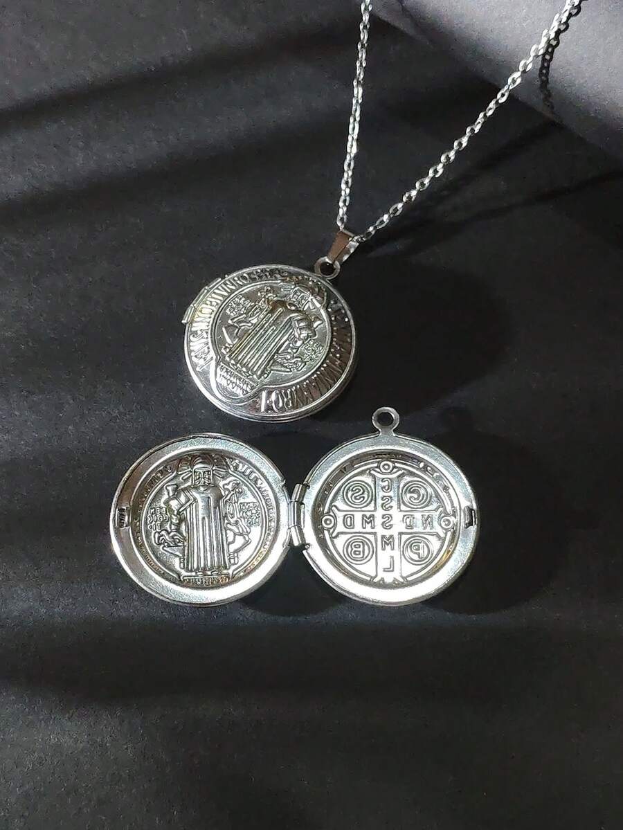 1pc Silver Openable Jesus Pendant Photo Frame Amulet Necklace, Gift To Hold Couple, Family, Pet Photos