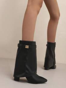 Neue Damen Spitze Zehen Plateau Absatz Knöchel Stiefel, Reißverschluss Verschluss Kurze Stiefel mit Falten, Retro Western Stil Reitstiefel, Modische Stiefel für Frauen