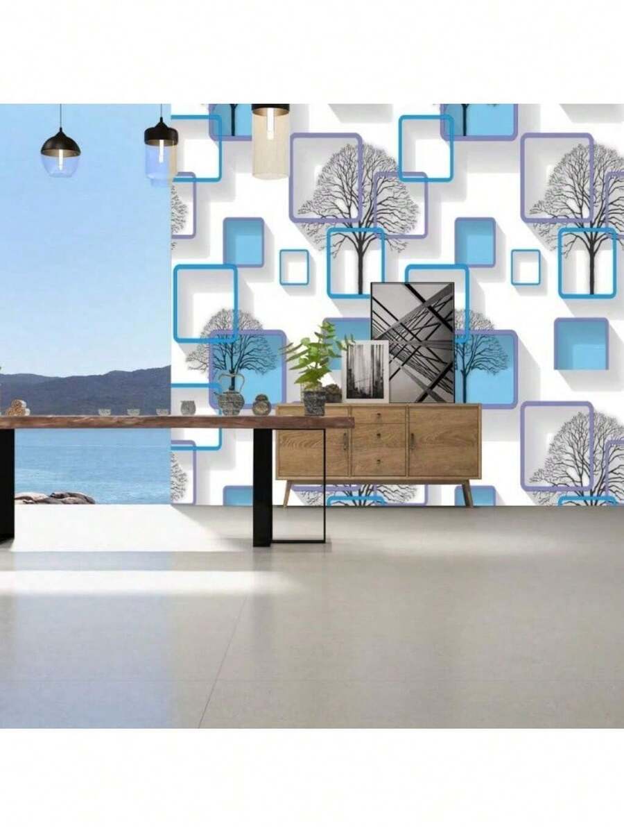 Papel De Parede Roxo moldura quadrada 3d e árvore Decoraçao Vinilico Tamanho 5m*45cm