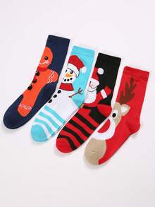 4 Pairs Of Men's Autumn And Winter Christmas Personalized Pattern Snowman Elk Gingerbread Man Santa Claus Contrast Color Christmas Atmosphere Mid-Tube Socks For Men Suitable For Christmas Gifts, Daily Commuting To Work, School, Outings And Other Scenes