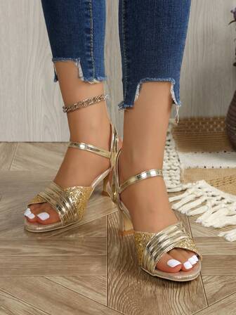 2025 Nya paljett-ovandel, glansiga och bekväma högklackade damskor. Öppen tå-design. Fashionabla högklackade damskor för strandfester. Silverfärgade högklackade skor. Guldfärgade högklackade skor.