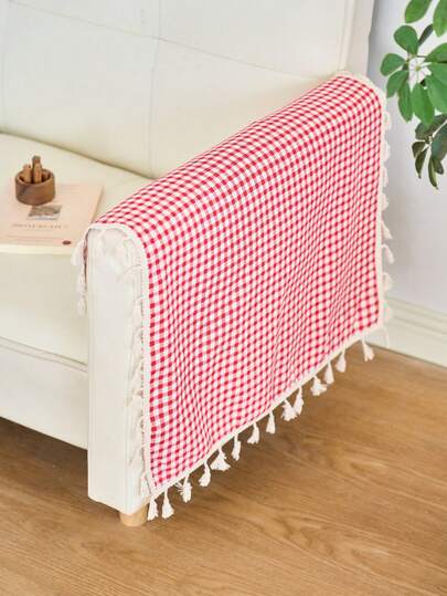 1개 빈티지 레드 & 화이트 격자 무늬 던지기 담요, 술 달린 가장자리 장식 담요, 아늑한 빈티지 분위기 조성에 적합, 찬장/식탁 장식, 모든 계절