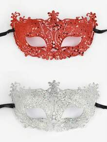 Neue Ankunft modischer eleganter flacher Venezianischer Spitzenmaske, Kostümmaske für Maskenball, Venezianische Halbgesichtsmaske aus Kunststoff mit Glitzer und Hohlmuster in Fuchsform