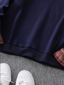 男士长袖撞色格子Polo衫，宽松休闲运动学院风，适合春秋季穿着 - 藏蓝色 - 查看 4