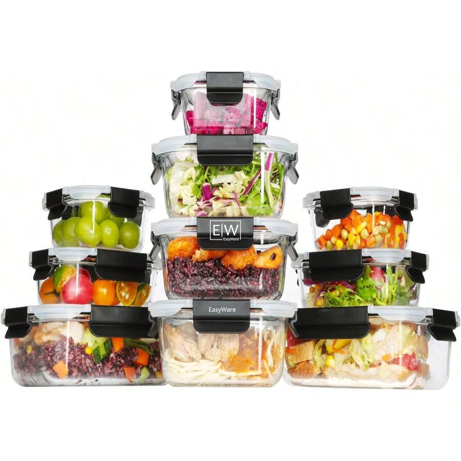 Juego de recipientes de vidrio sellados con tapas fáciles de usar, material resistente al calor para cocina, horno, refrigerador, congelador (juego de 10 recipientes (20 piezas)) - JUEGO 20 RECIPIENTES (40 PZ). - Ver 1