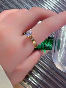 1pc 18K Gold Plated Shiny Square Diamond Ring, Stainless Steel Waterproof & Fade-Resistant, Suitable For Daily Wear, Parties, Mother's Day Gift