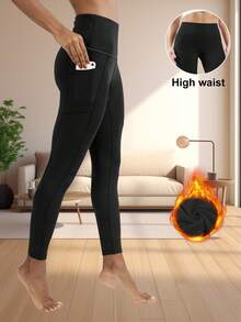 Plus Size Women's Thermal Leggings, High Waist Yoga Pants, Warm Tight Pants With Pockets For Winter