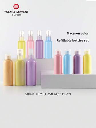 YUEMEI MOMENT 3pcs/4pcs Set Macaron Color Refillable Bottles, Spray Bottle, Lotion Pump Bottle, Flip Cap Squeeze Bottle, 50ml/100ml (1.75oz/3.51oz) Capacity