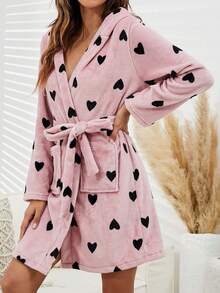 Women's Thick Flannel Bathrobe With Heart Print, Warm And Cozy. Double-Sided Fleece Hooded Bathrobe, Long Sleeve Sleepwear, Suitable For Bathroom, Bedroom, And Home Wear, Ideal For Keeping Warm In Winter.