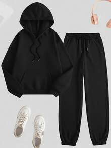 女士连帽上衣带口袋和抽绳长裤两件套，舒适家居服套装，秋冬款 - 黑色 - 查看 7