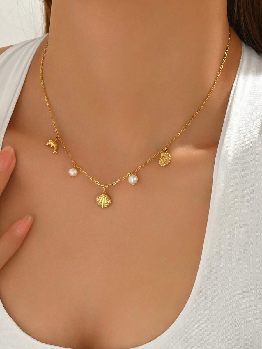1pc Romantic Dolphin & Shell Pendant With Lustrous Pearl Necklace, Stainless Steel Delicate Choker Necklace For Women