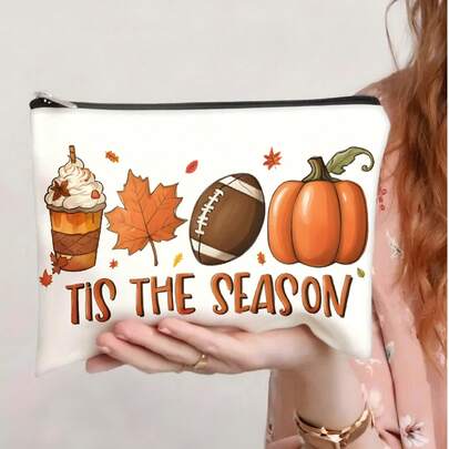 1 件 Tis The Season 秋季南瓜化妆包帆布化妆包季节性旅行礼物节日秋季万圣节南瓜设计轻便可折叠易清洁化妆品收纳包女士女孩大学宿舍旅行必备节日礼物创意