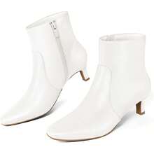 Sexy Square Toe Kitten Heel Booties For Women, Fashion Solid Color Side Zipper Ankle Boots With Faux Leather ,Comfortable Versatile Women Shoes - Pu trắng - Xem 1