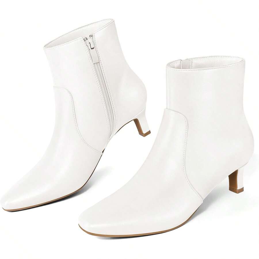 Sexy Square Toe Kitten Heel Booties For Women, Fashion Solid Color Side Zipper Ankle Boots With Faux Leather ,Comfortable Versatile Women Shoes - Pu trắng - Xem 1