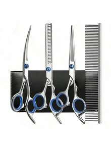 Juego profesional de tijeras de acero inoxidable para aseo de mascotas - Incluye tijeras de hoja recta y curva para recortar y asear el pelo de perros, gatos y conejos