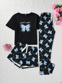 3 件字母蝴蝶结印花睡衣套装，圆领短袖 T 恤 + 松紧腰短裤 + 休闲裤，舒适睡衣，女士睡衣和家居服 - 藍色 - 查看 3