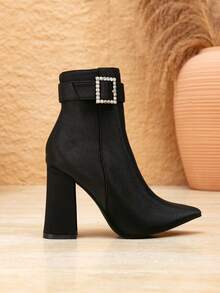 Women's New Black Ankle Boots, Autumn/Winter Fashion Pointed Toe Chunky Heel Rhinestone Square Buckle Commuter Fashion Boots - Black - View 7