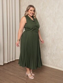 ANLE MODAS Women's Set Pleated Skirt With Elegant Vest Luis Twill Plus Size - Army Green - View 7