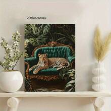 1Pc 2D Flat Canvas Wall Art,Prints,Canvas Posters,Painting,Wall Art,Wall Decor,Art Poster,Home Decor,Living Room Office Hallway Wall Decor,Leopard Lounging On Emerald Green Velvet Sofa Print,2D Flat Printed,2D Surface,No 3D Effect,Not Oil Painting,Tropical Jungle Artwork Framed Ready To Hang,Green Gold Brown - 綠色 - 查看 5