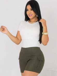 Bermuda Short Cargo Bengaline High Waist Butt Lift With High Elasticity - xanh quân đội - Xem 5