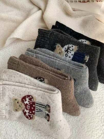 5 双女式可爱卡通熊中筒袜 - 泰迪熊和蘑菇羊毛衬里厚袜子，休闲和正式，秋冬保暖，秋季袜子