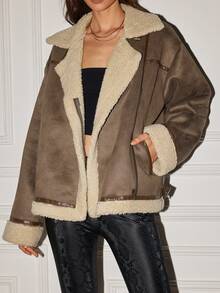 女士休闲直肩翻领扣宽松长袖金属拉链口袋常规棉夹克厚衬里派克大衣，秋冬 - 棕色 - 查看 7