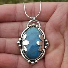 Fashion Bohemian Style Art Style Adult Novelty Party Gift Fine Blue Oval Smooth Natural Stone Pendant Necklace Sweater Chain - 銀色 - 查看 2