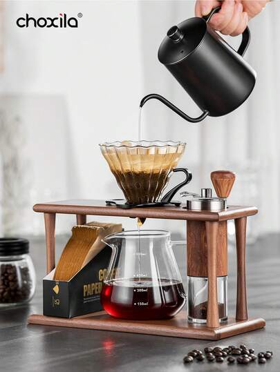 choxila 1件/7件咖啡收纳套装，包含：600毫升咖啡壶、玻璃滤杯、玻璃分享壶、100张咖啡滤纸、手磨豆机、玻璃豆罐、多功能支架