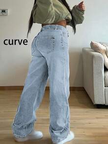 Quần jeans nữ dáng rộng, màu trơn, chất liệu wash nhẹ, phù hợp cho đi làm, ở nhà, tụ họp, mua sắm, mọi mùa. Phong cách đường phố tối giản mới. - Rửa nhẹ - Xem 4