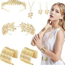 5件套希腊女神风格服装及配饰套装，包括树叶皇冠、发箍、手镯、耳环、新娘头饰、万圣节主题 - 彩色 - 查看 16