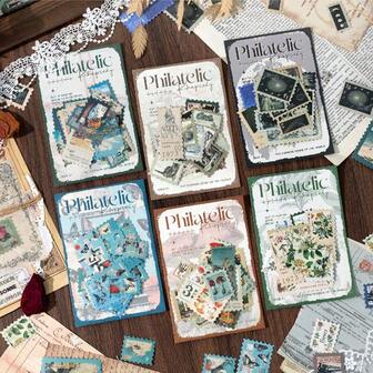 YANJI 1 包 50 件复古风格仿邮票贴纸个性化垃圾日记创意 DIY 拼贴卡片材料美学剪贴簿艺术手机壳手工制作手账办公和学校用品