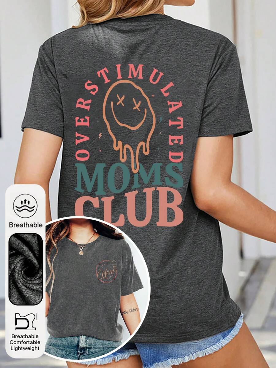 女士夏季“过度刺激妈妈俱乐部”图案印花圆领短袖简约休闲日常黑色大码T恤上衣，妈妈生日图案印花女士上衣，趣味妈妈印花女士夏季服装，人脸字母印花夏季上衣 - 深灰色 - 查看 1