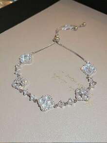 1pc Zirconia 4-Petal Flower Bracelet Women, Adjustable, Lightweight Luxury Elegant Style Accessory - Bạc - Xem 4