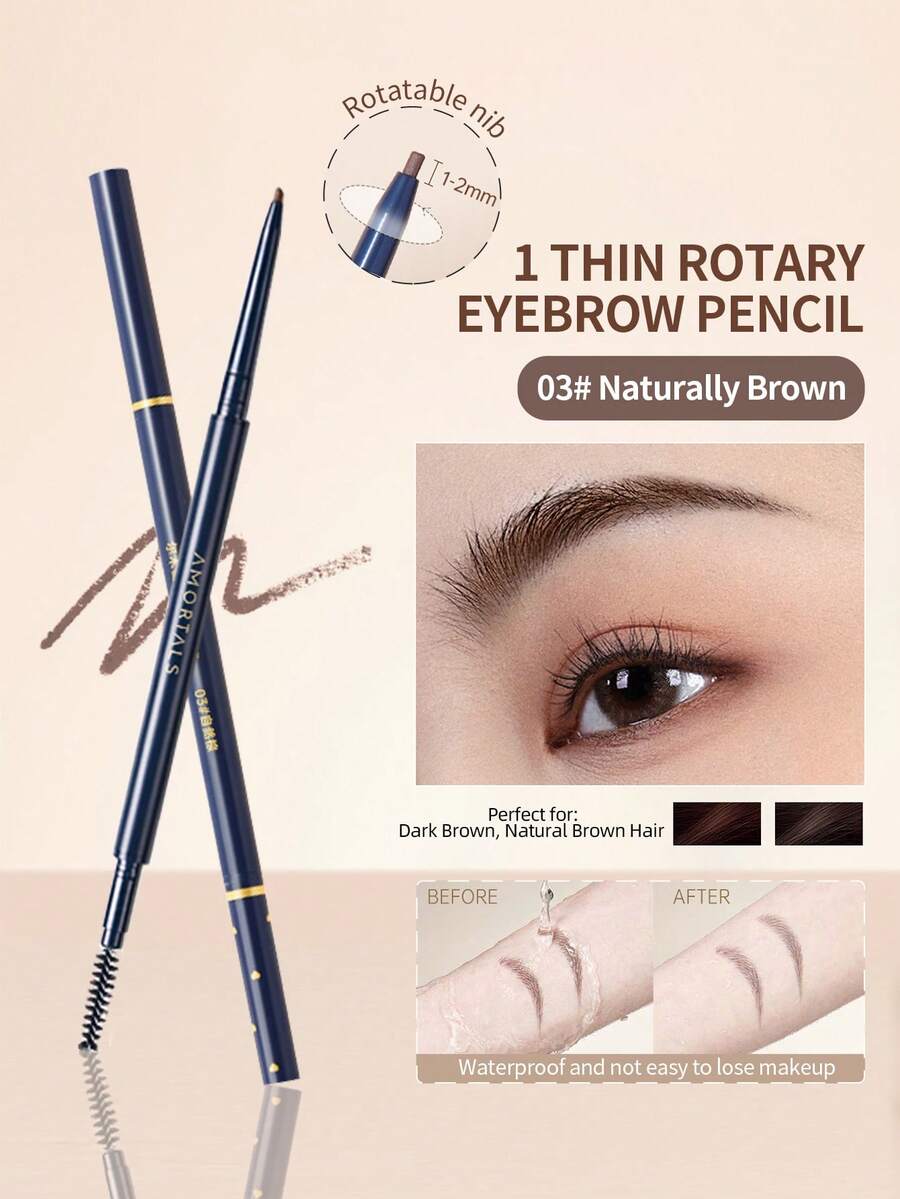 Amortals 雙頭雙效眉筆附刷毛－防水、抗汗、持久、防暈染，1.5mm 超細順滑顯色旋轉筆芯搭配螺旋刷，適合初學者與化妝師