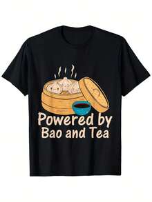 Camiseta gráfica para hombres "Powered by Bao and Tea" - 100% algodón, ropa casual de calle, ajuste regular cómodo, 180gsm, cuello redondo, perfecta para atuendos casuales, ropa casual de calle| Camiseta gráfica divertida| Camisa de Textura Suave - Negro - Ver 2