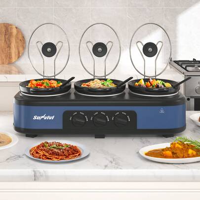 Triple Slow Cooker Buffet Servers And Warmer, Large 3 Pot Food Small Mini Manual Slow Cooker With Adjustable Temp Stainless Steel Lid Rests,Removable Ceramic Pot, 3*2.5 Quarts, Blue
