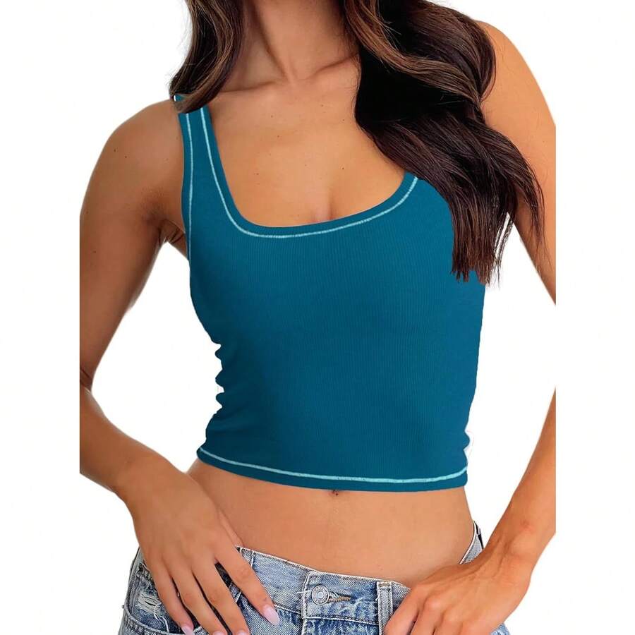 Women Rib Tank Top Padded Workout Top Square Neck Crop Tank Fitted Basic Cami Tops - Ocean Depths - View 1