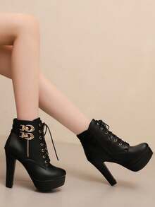 High Heel Princess Shoes, Thick Heel Leather Lace-Up Sexy Waterproof Platform Ankle Boots, Autumn/Winter New Style - Black PU - View 3
