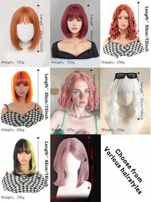 10英寸、12英寸、14英寸、18英寸短假发，直发、卷发、波浪发，刘海，中分卷发，日常假发，洛丽塔风格，万圣节，派对场合 - 彩色 - 查看 2