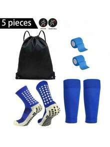 5pcs/Set Football Equipment Set, Including Waterproof Drawstring Bag, Non-Slip Football Socks, Leg Sleeves, Self-Adhesive Sports Bandage, High Leg Sleeves For Youth Sports Training