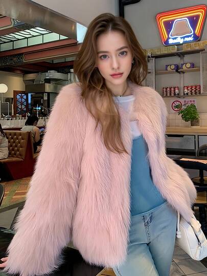 新款冬季女士优雅别致粉色仿皮草外套 时尚复古蓬松长袖休闲毛绒皮草外套 女式毛绒蓬松夹克外套 派对圣诞节新年服装