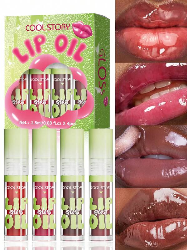 مجموعة من 4 قطع من زيت الشفاه المرطب والمنعش، أحمر الشفاه المرطب والمنعش، درجات ألوان خريفية وشتوية