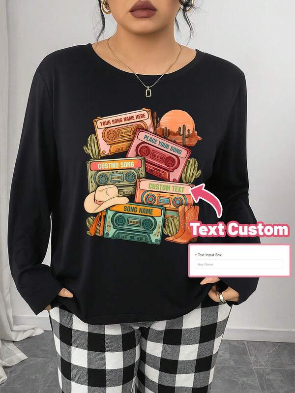 Women's Plus Size Customizable Cassette Print Long-Sleeved Pajamas - Vintage "Your Song Is Here" Design, Black Casual Cozy Long-Sleeved Pajamas Attire Top, Custom Graphic Music Festival