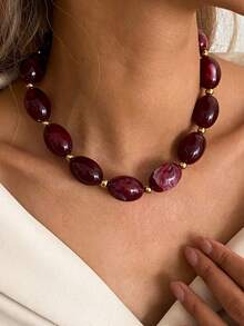 1pc Bohemian Geometric Asymmetrical Beaded Resin Chain Necklace, Luxurious Casual Party Women's & Couples' Wedding Holiday Versatile Metal Jewelry Gift - Necklace - View 14