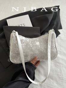 Túi xách nữ đa năng đính sequin hình lưỡi liềm kim loại màu trơn thời trang, túi tote, túi đi biển, túi đựng điện thoại thường ngày thời trang đính sequin - Màu be - Xem 2