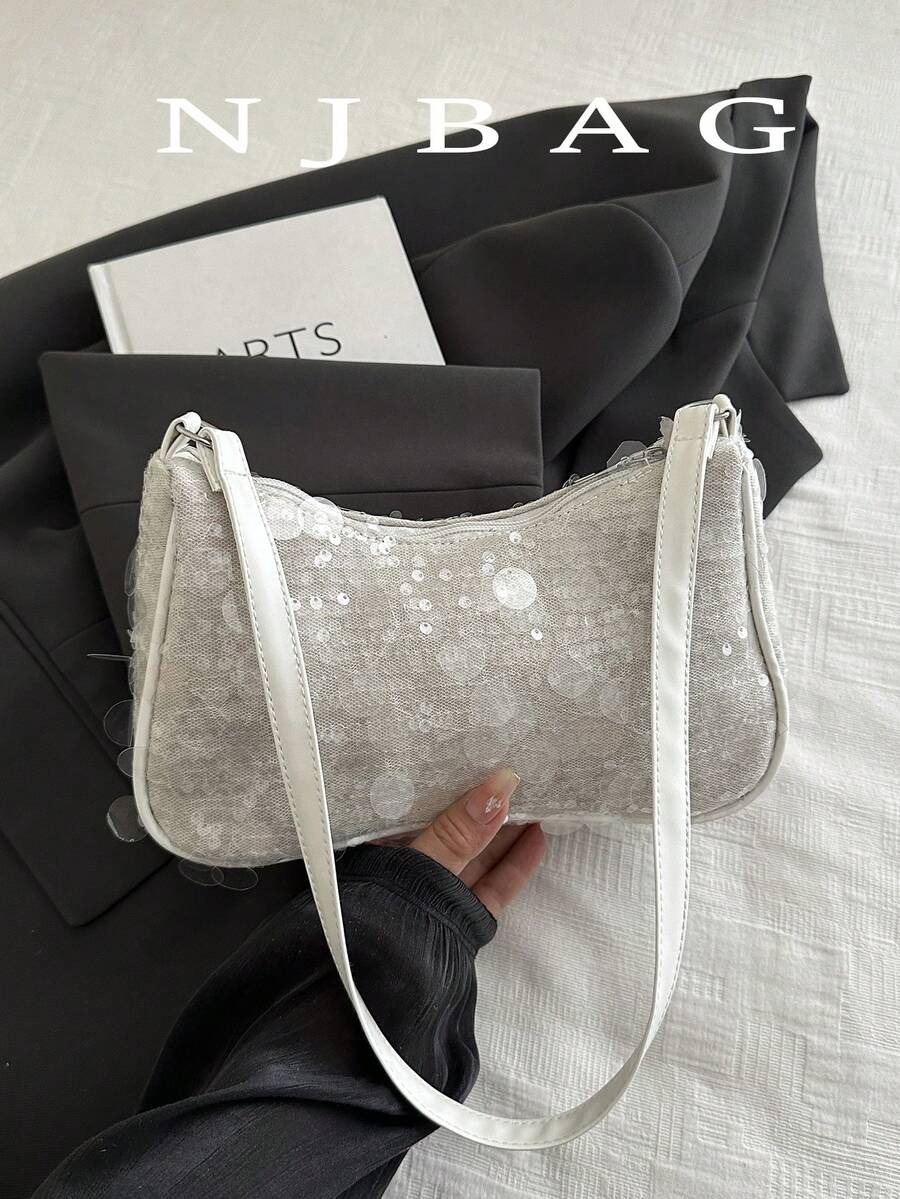 Túi xách nữ đa năng đính sequin hình lưỡi liềm kim loại màu trơn thời trang, túi tote, túi đi biển, túi đựng điện thoại thường ngày thời trang đính sequin