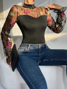 1pc Fashionable, Sexy & Elegant Vintage Mesh Floral Embroidery Puff Sleeve Fitted Jumpsuit For Women