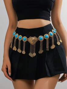 1 件复古时尚夸张做旧金属链绿松石圆盘流苏腰链和腰带，波西米亚高端百搭配饰适合任何场合