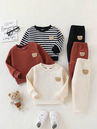 6 st/set Babypojke Söt Casual Fleece Tyg Broderad Björn Grafisk Rund Halsad Långärmad Tröja Och Ribbade Manschettbyxor, Höst/Vinter