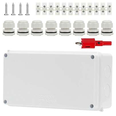 AYYDS IP65 Surface-Mounted Junction Box, Waterproof, 20 X 10 X 7 Cm, Large ABS Distribution Box For Outdoors, Ap Terminal Box With Cable Gland For Ø12-15 Mm, White Junction Box For Garden (Black)